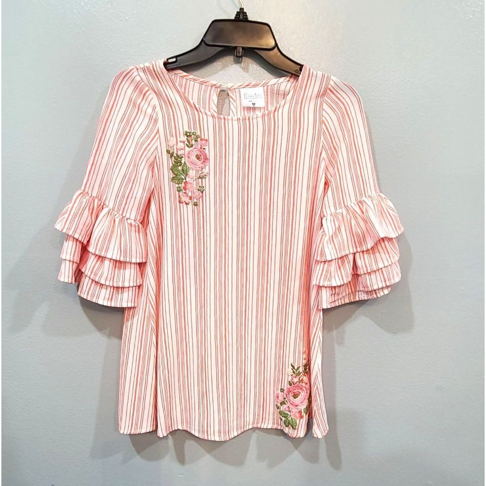 Beautees Blouse Women's Size 10 Pink Striped Floral 3/4 Sleeve Ruffled Shirt
